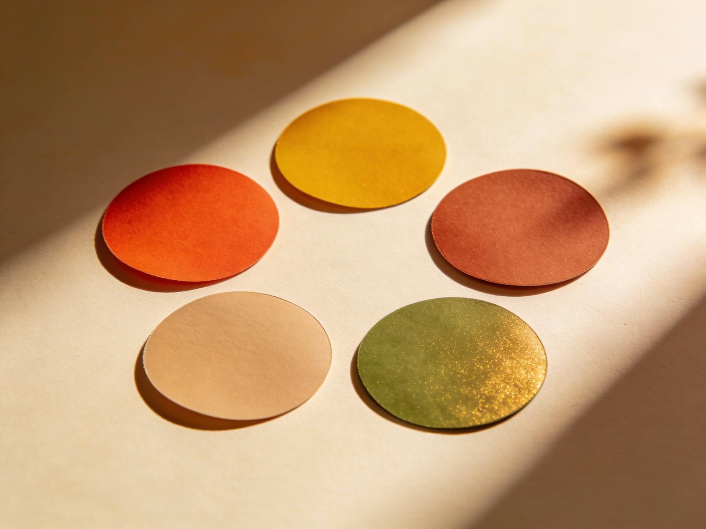Farbpalette Warmer Herbst mit Terracotta, verbranntem Orange, goldenem Khaki und Senfgelb