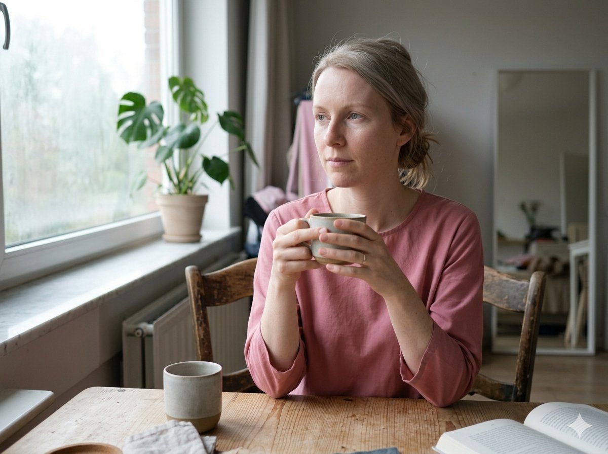 Frau in rosem Pullover sitzt an einem Tisch neben einem Fenster und hält eine Tasse mit beiden Händen