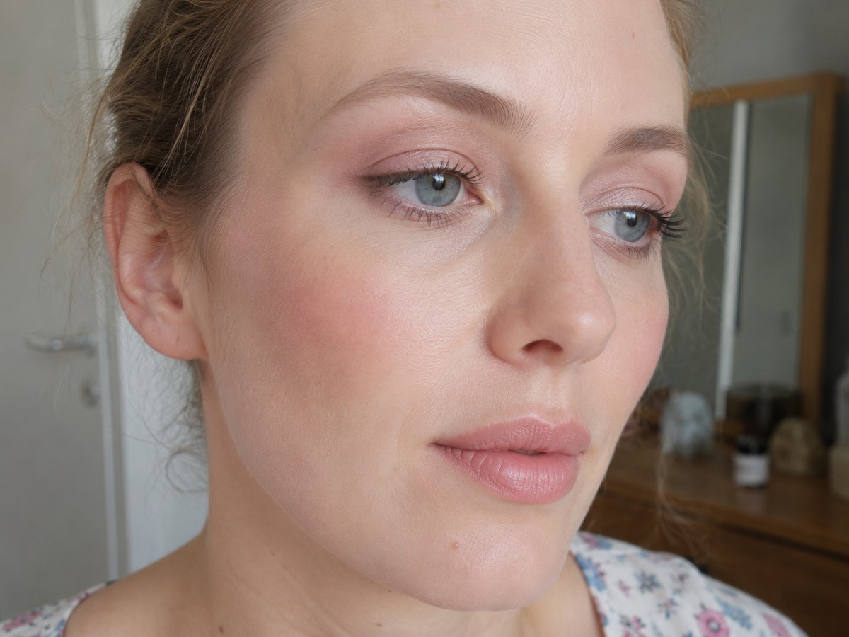 Sommer-Hell-Makeup mit pudrigen Rosalidschatten, weichem Mascara und hellrosigen Nude-Lippen auf sehr blassem Teint