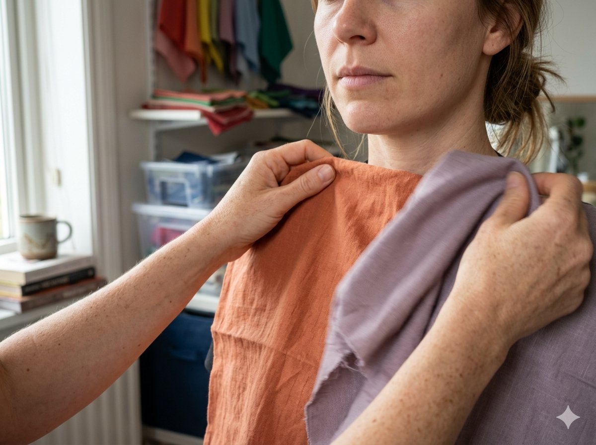 Hände, die einen Stoff auf die Schulter einer Frau legen, beim Farbanalyse-Draping-Test