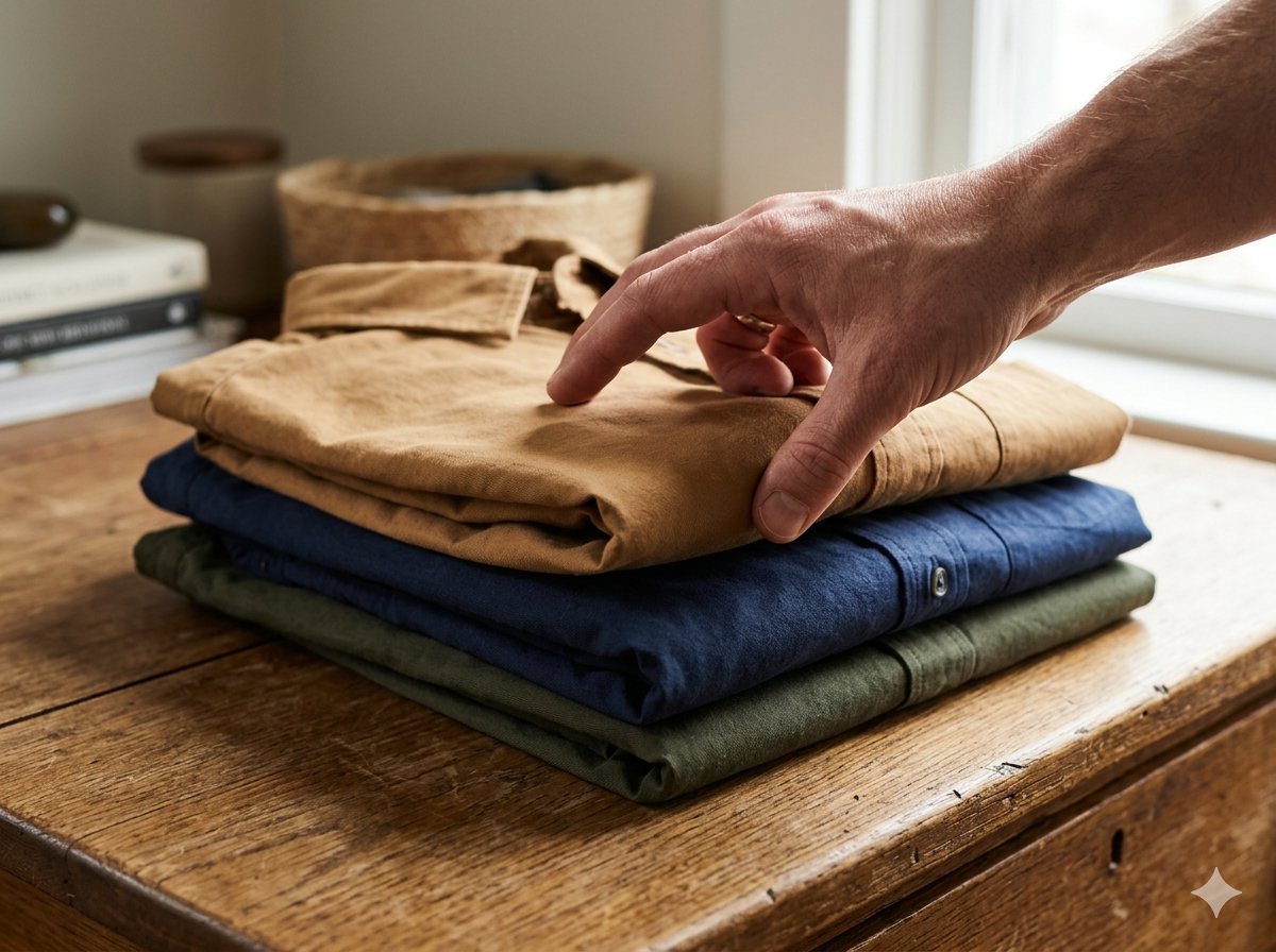 Hand greift nach einem Stapel gefalteter Hemden auf einem Holztisch