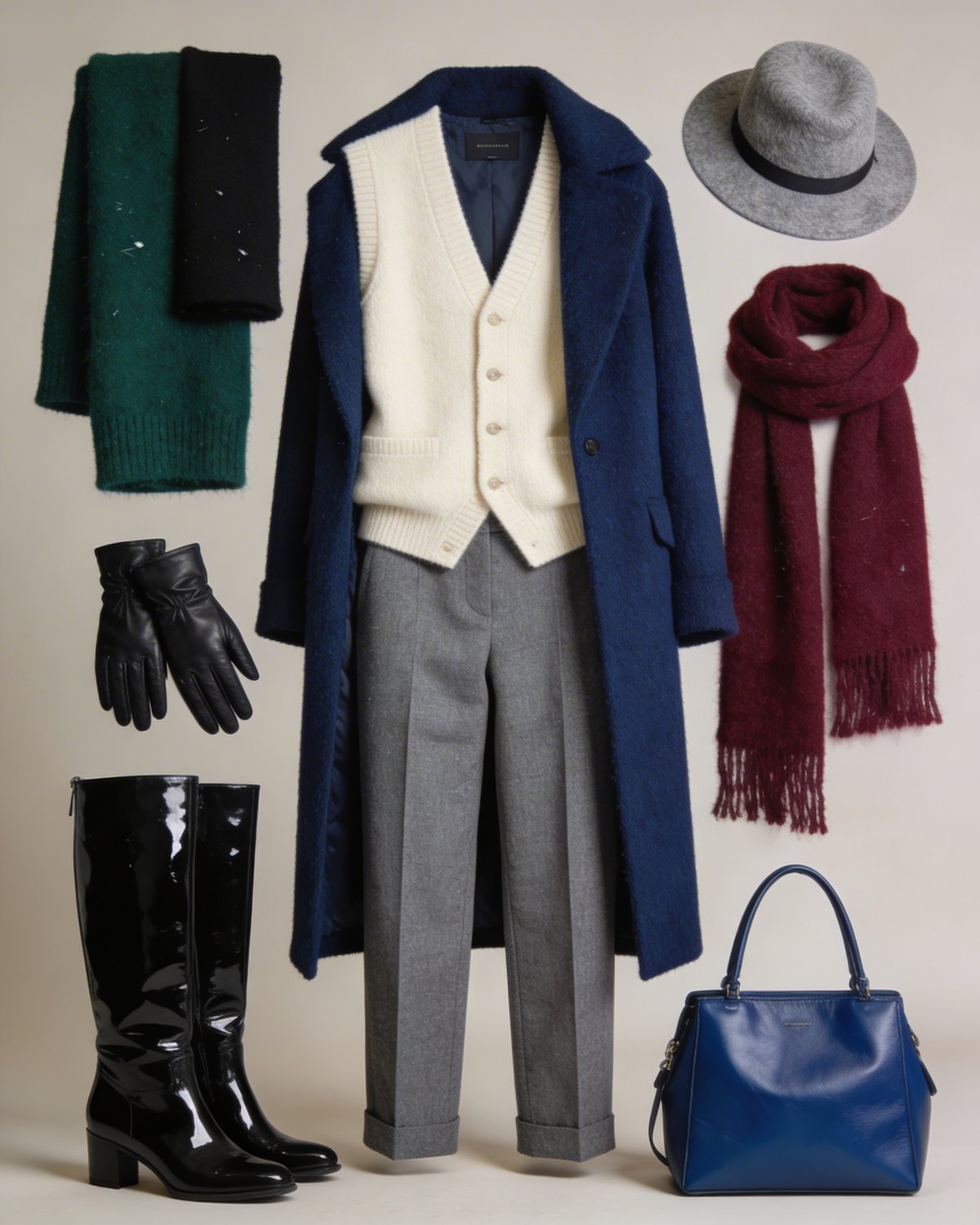 Komplettes Outfit Kühler Winter: marineblauer Mantel, cremefarbene Weste, graue Hose, Stiefel, Mütze, bordeaux- und grünfarbene Schals