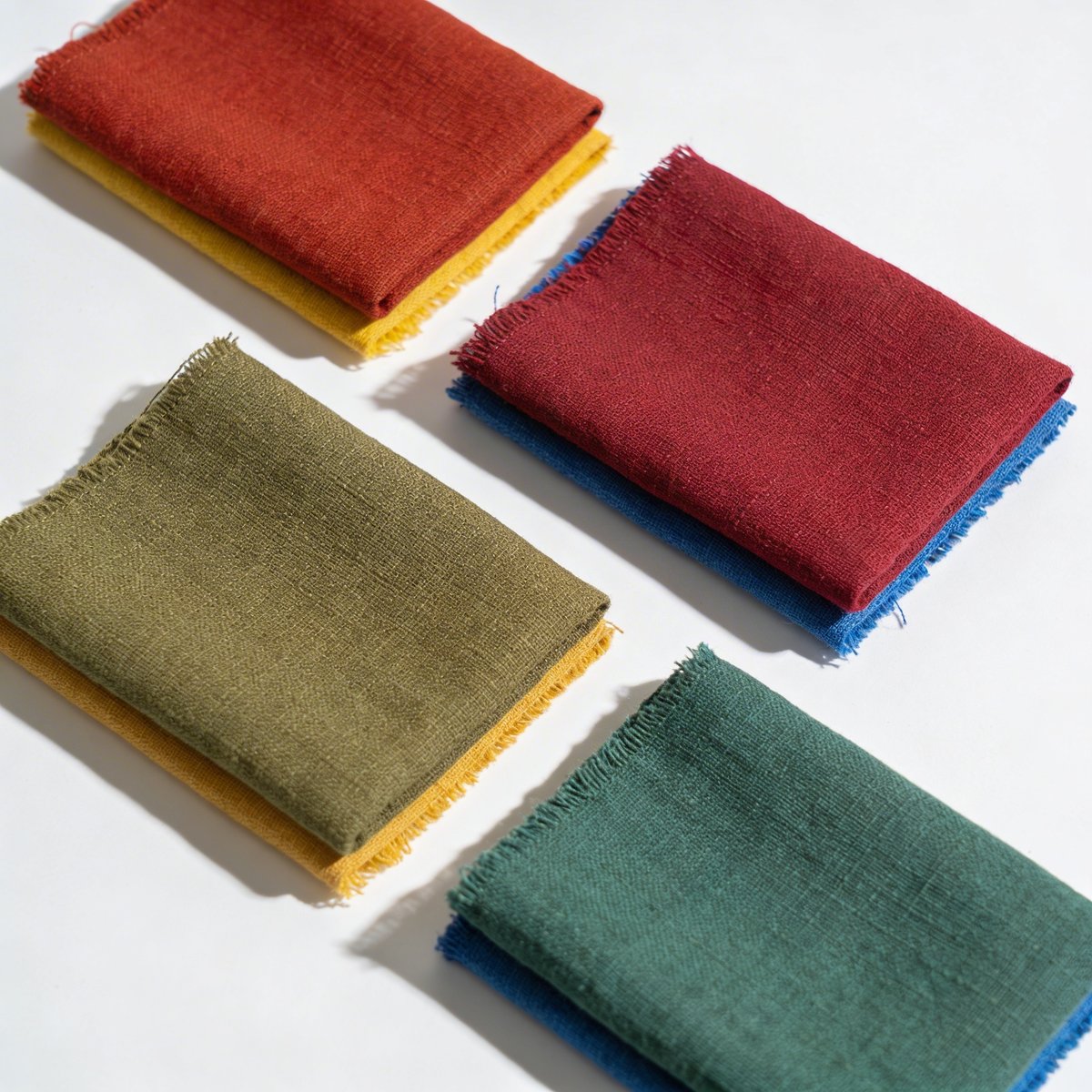 Visueller Vergleich von warmen und kalten Nuancen: Mohnrot vs. Kirschrot, Kakigrün vs. Tannengrün