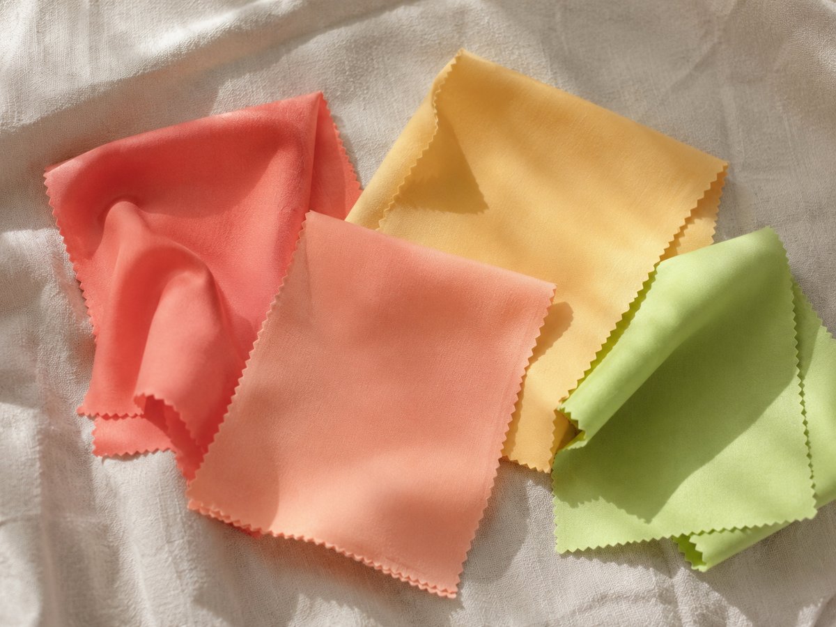 Vier Gewebeproben in warmen Frühlingsfarben: Korall, Lachs, Blassgelb und Limonengrün