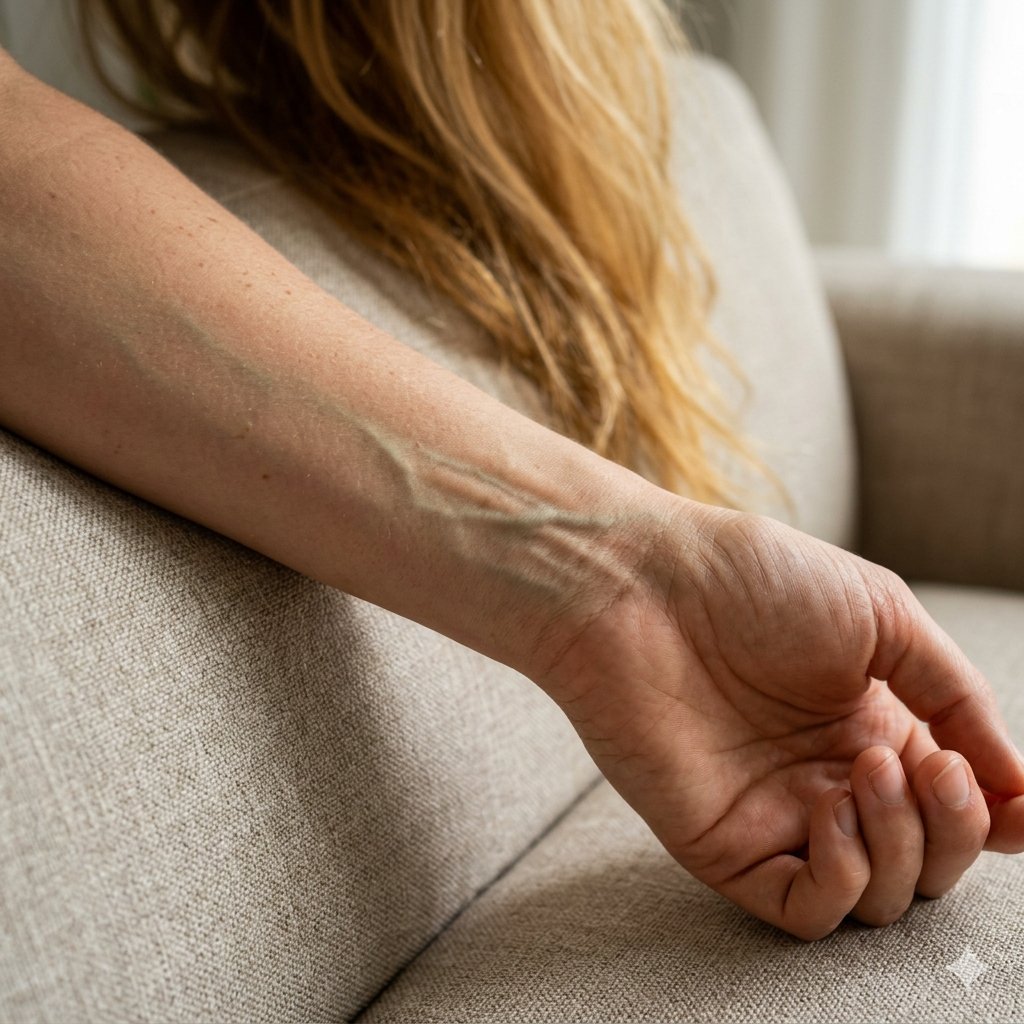 Nahaufnahme der Innenseite eines Handgelenks mit grünlich schimmernden Venen im Tageslicht — Hinweis auf warme Untertöne