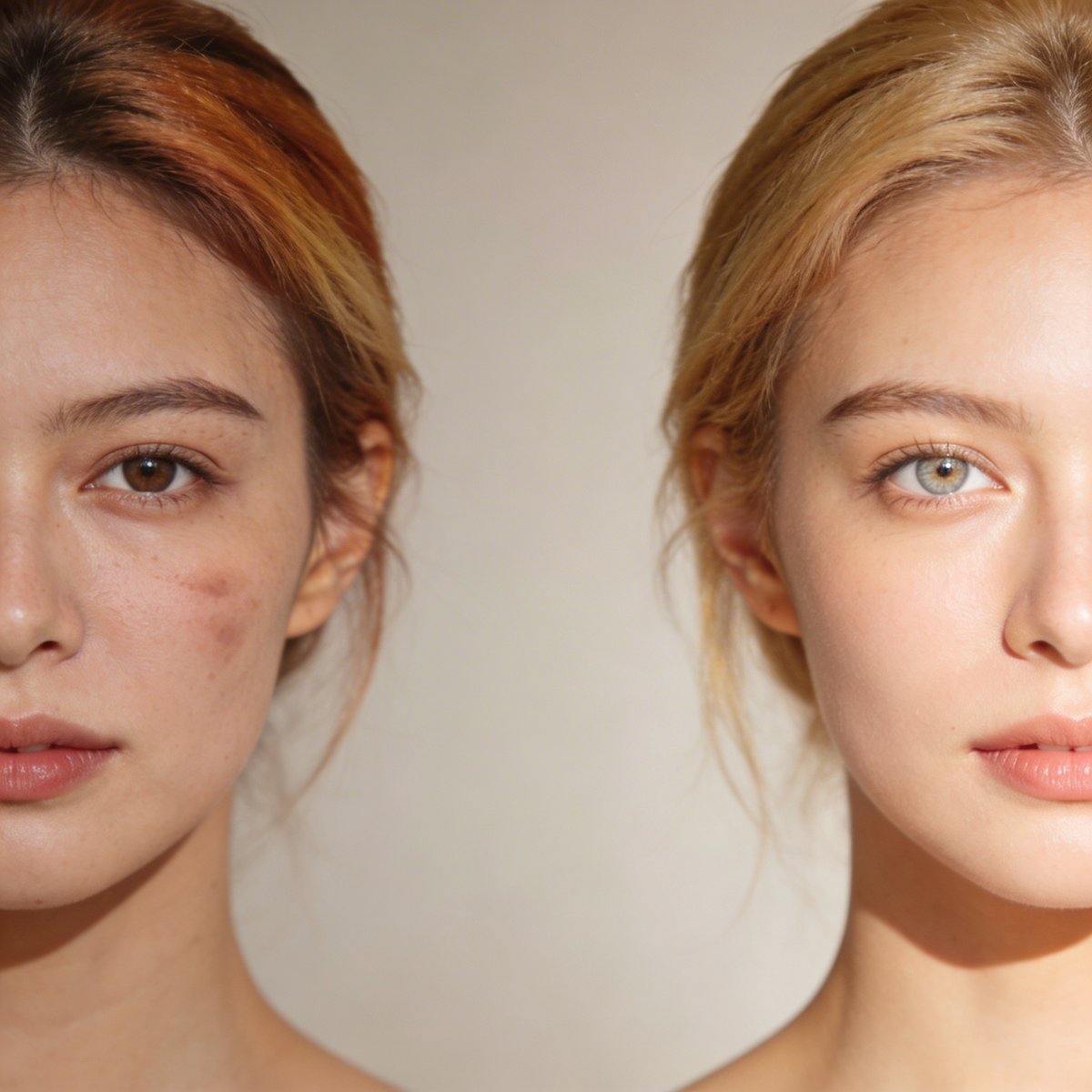 Vorher-Nachher-Vergleich des Effekts einer farbtyp-angepassten Haarfärbung