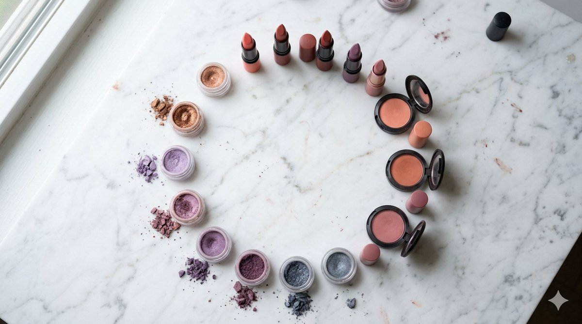 Farbrad mit Make-up-Anwendungen für jeden der vier Farbtypen der Farbanalyse