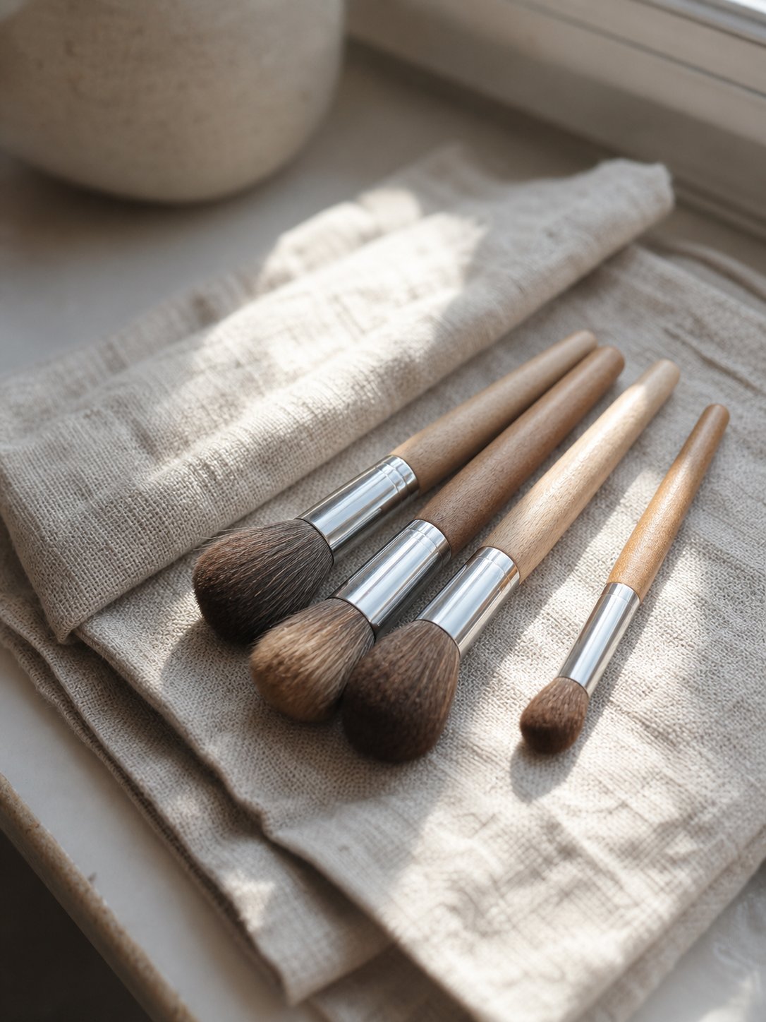 Make-up-Pinsel mit Holzgriffen und Naturborsten auf einem Leinentuch im Tageslicht