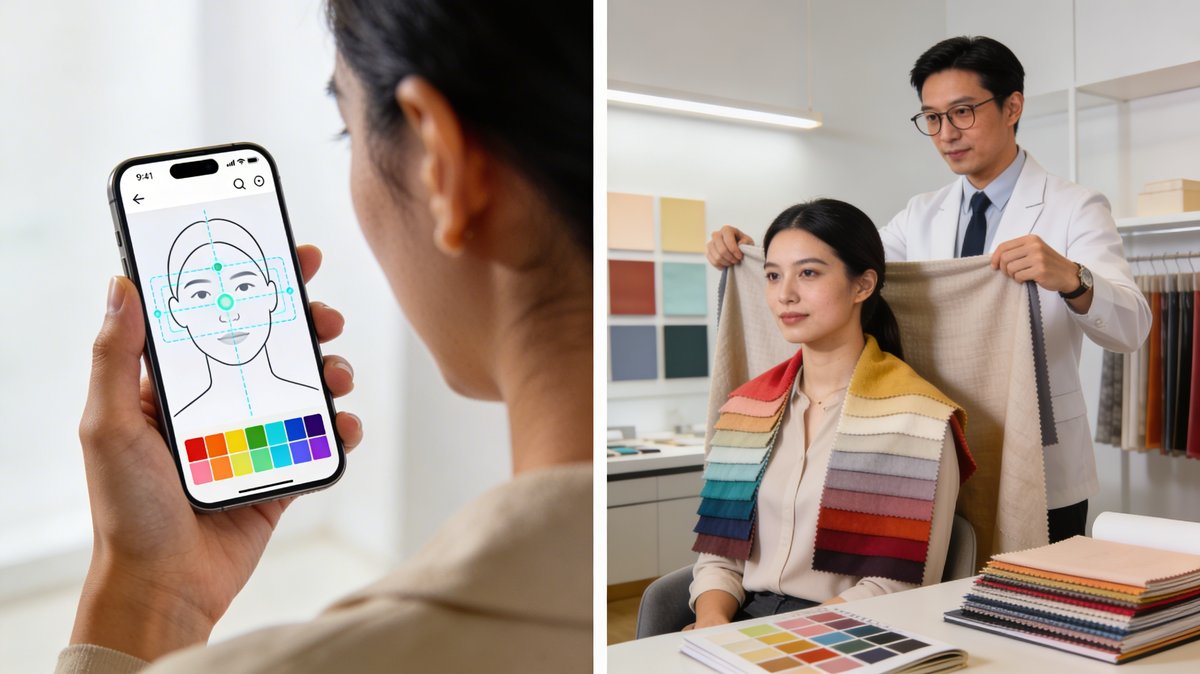 Infografik: Vergleich der Zuverlässigkeit von KI-Farbanalyse (70-80 %) und professioneller Analyse mit Draping