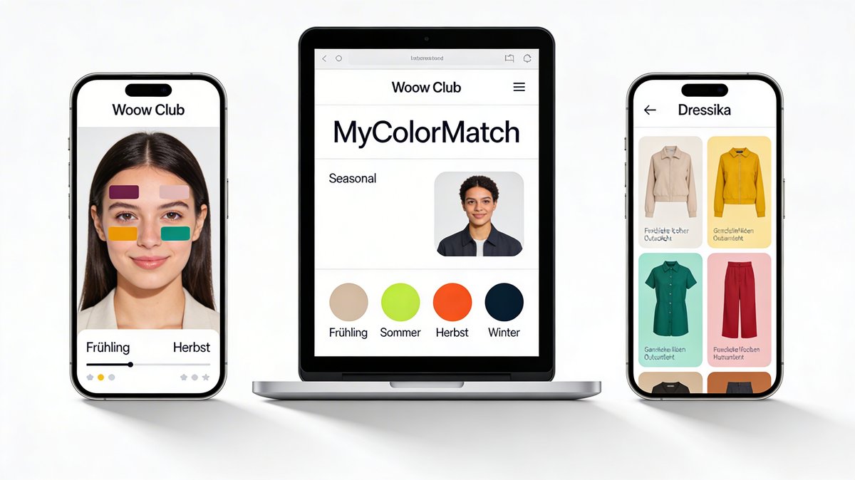 Vergleich der besten deutschen und internationalen Farbanalyse-Apps: Woow Club, MyColorAnalysisAI, Dressika, Style my Fashion und PaletteHunt