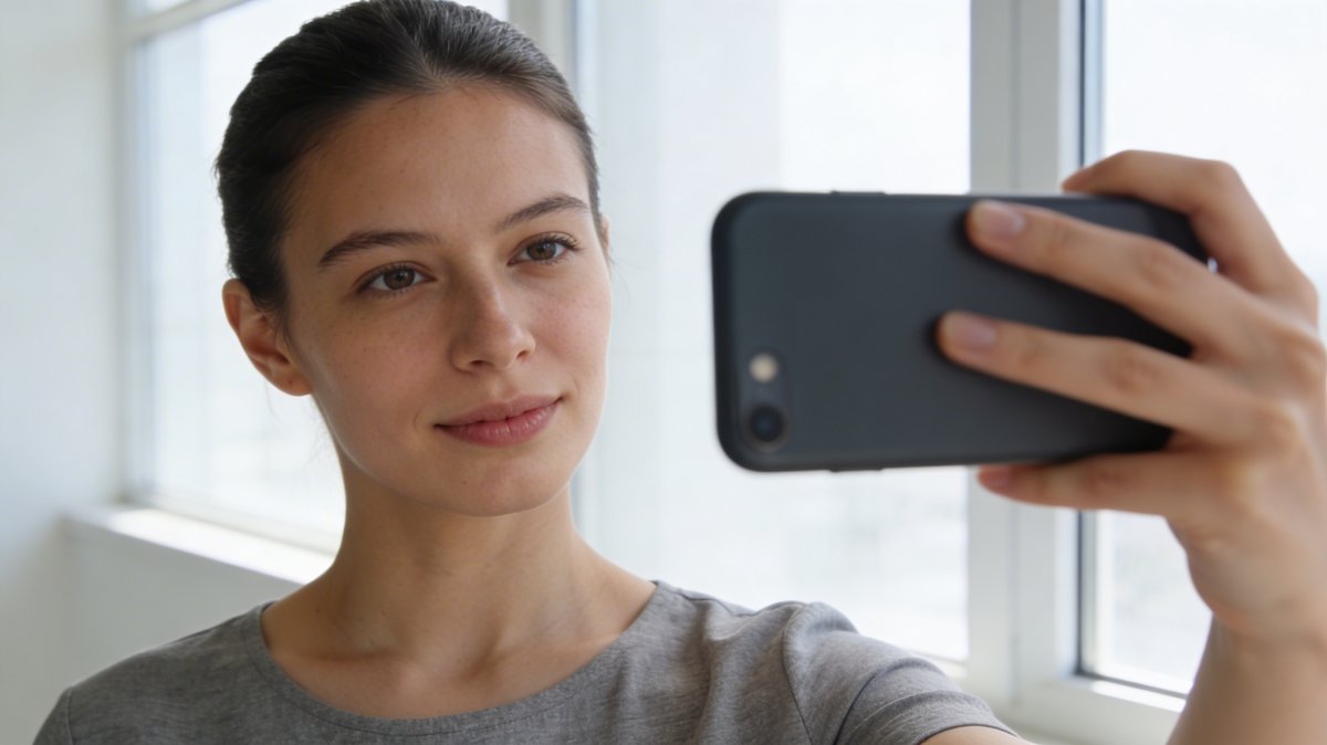 Visuelle Checkliste zur Fotovorbereitung: natürliches Licht, ungeschminkt, neutraler Hintergrund, Haare zurückgebunden