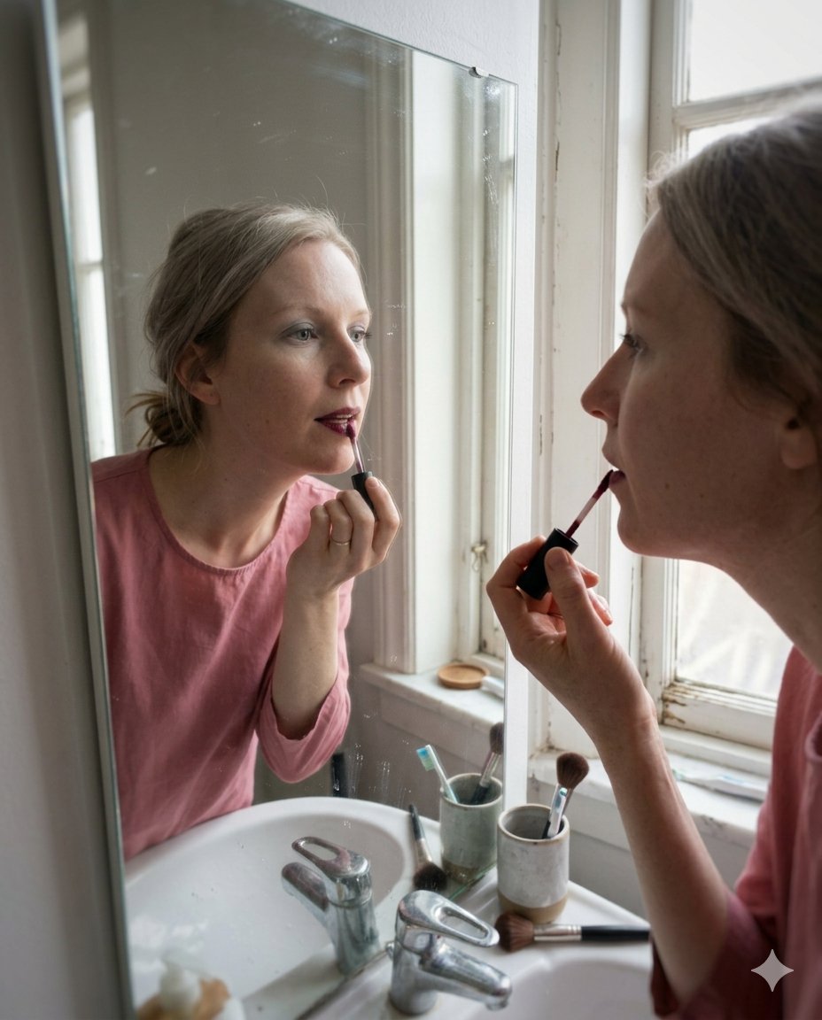 Frau trägt einen dunklen Lippenstift auf und schaut dabei in einen Badezimmerspiegel