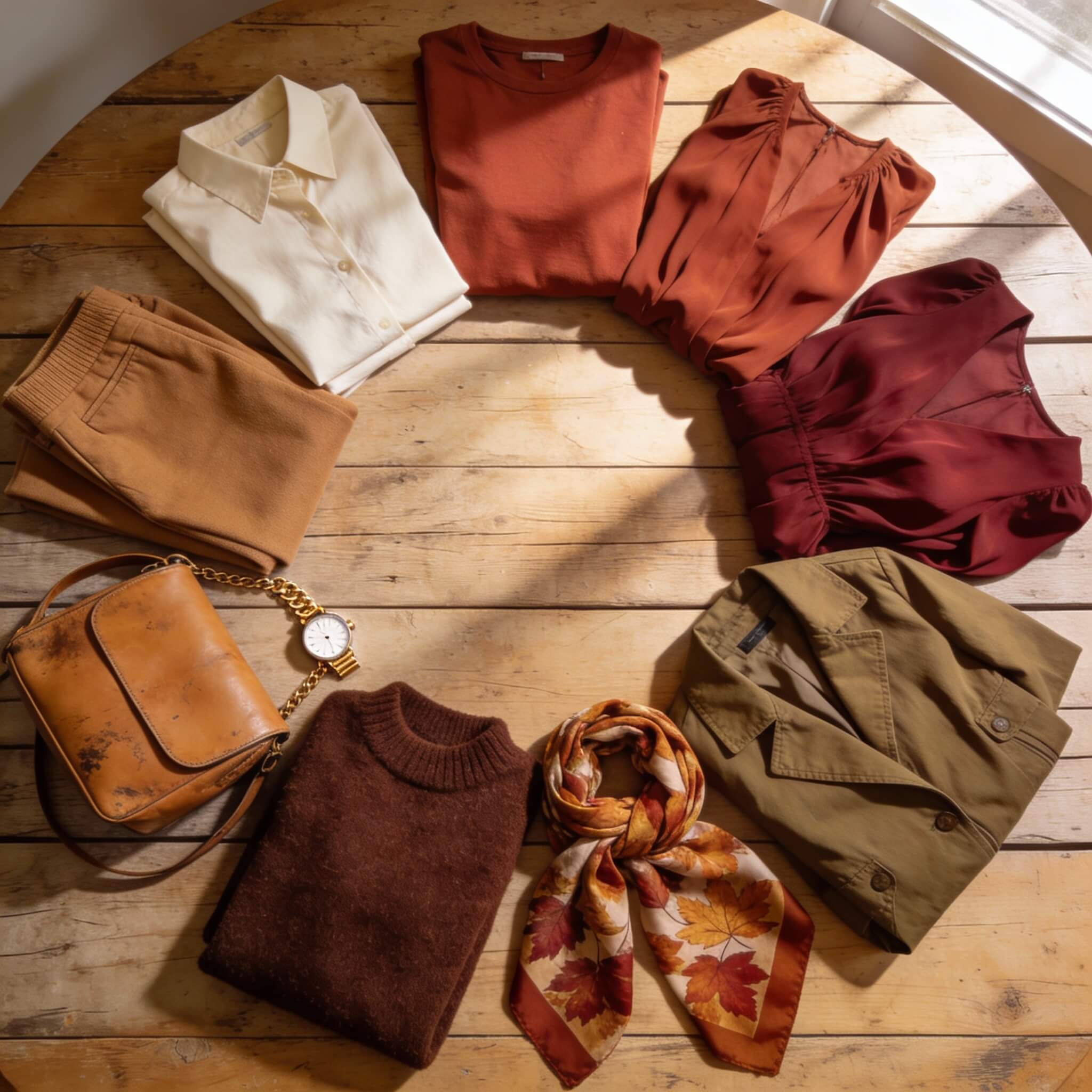 BILD 8 – Beschreibung: Flatlay-Foto eines Capsule-Kleiderschranks von oben, farblich sortiert. Gefaltete...