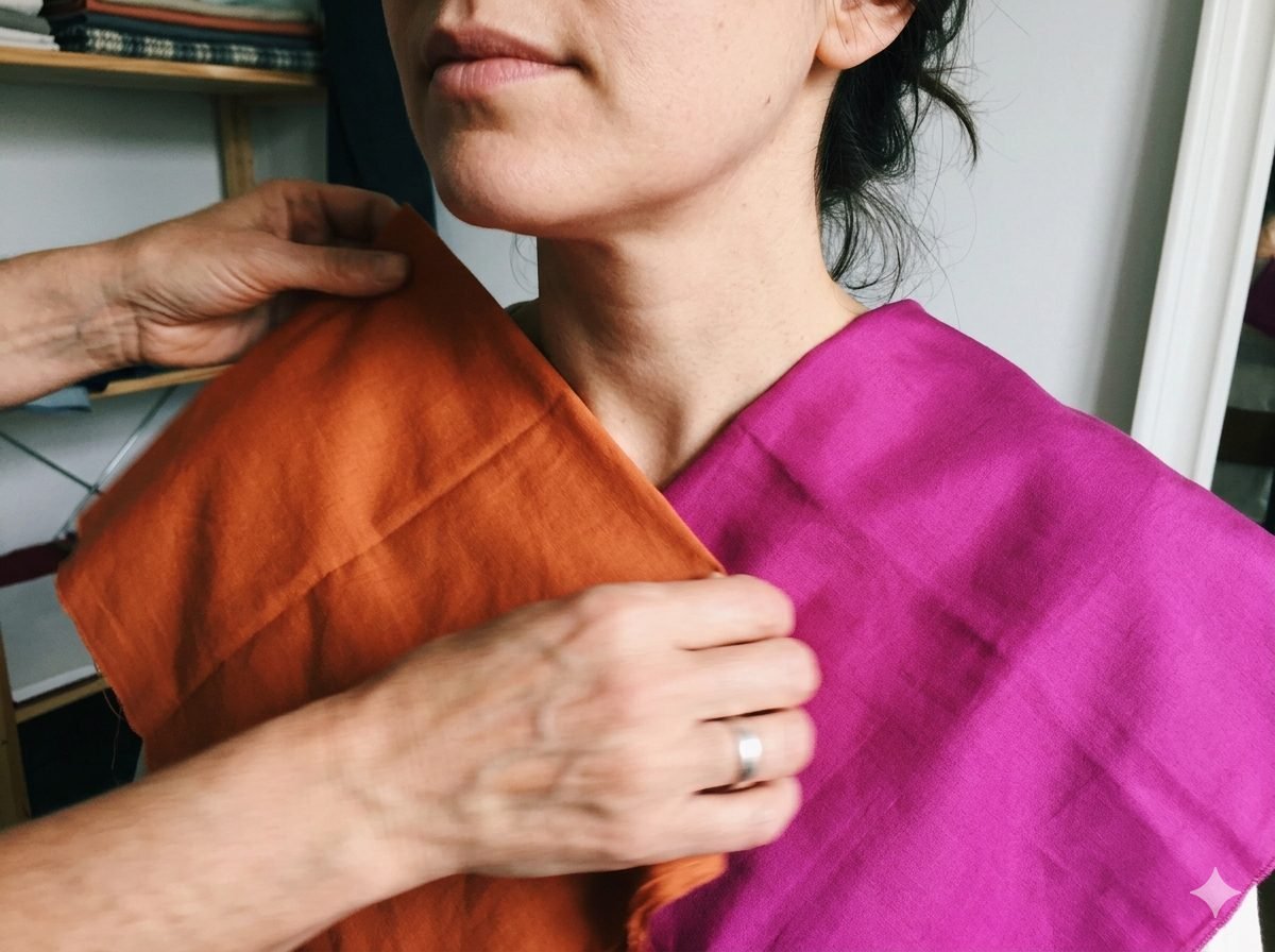 Farbberatung mit bunten Draping-Tüchern unter dem Gesicht einer Kundin in Deutschland