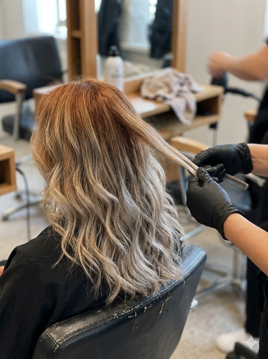 Vorher-Nachher-Vergleich der Korrektur eines orange gewordenen Balayage zu harmonischem Aschblond durch gezielte Voraufhellung und Neutralisierung