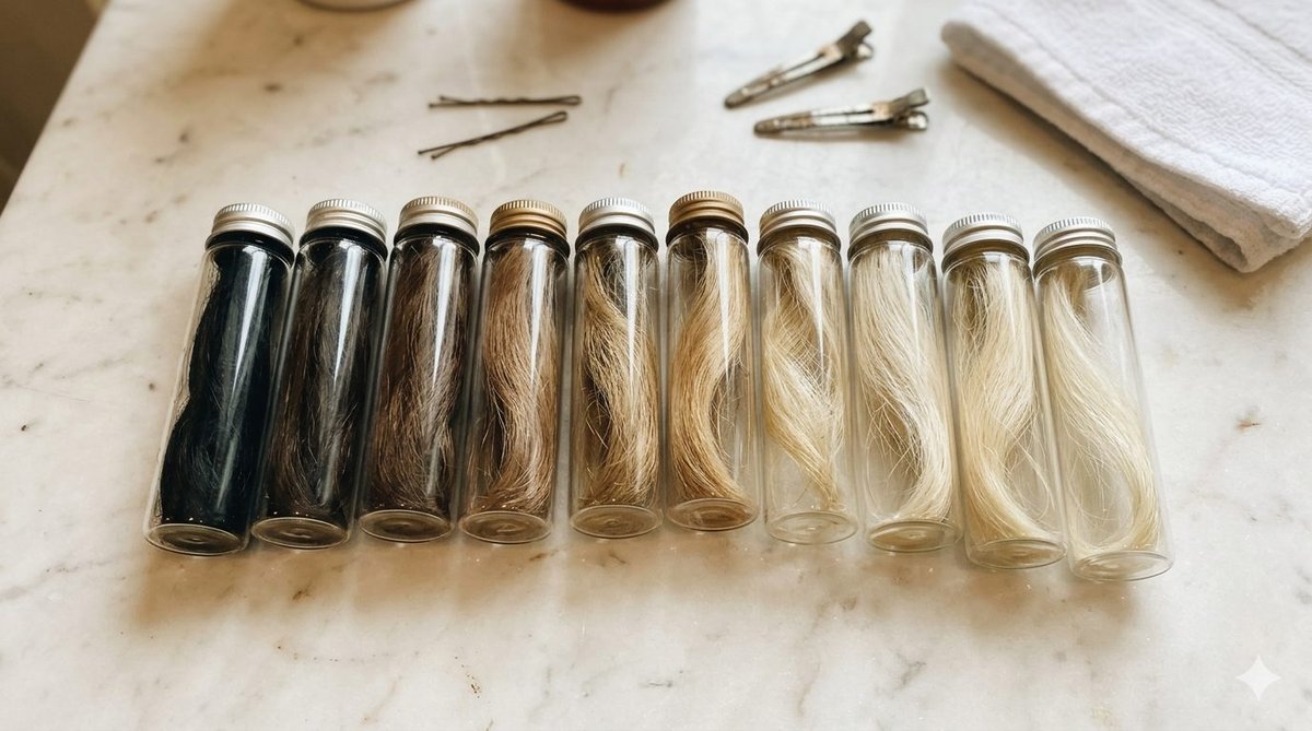 Visuelle Skala der Farbtiefen 1 bis 10 mit natürlichen Haarfarbbeispielen und entsprechenden Aufhellungsuntergründen auf jeder Stufe